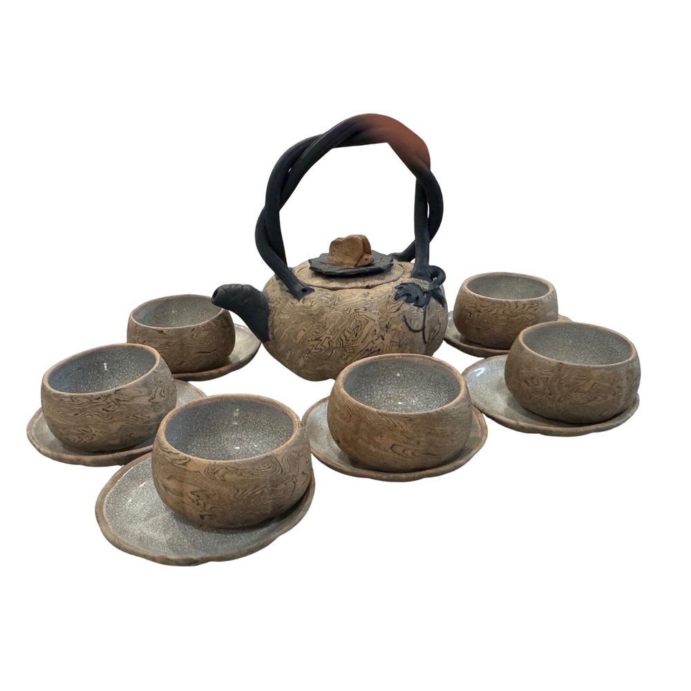 Vintage Yixing Zisha Marbled Clay Wood Grain Tea Set 6 Cups Saucers Butterfly